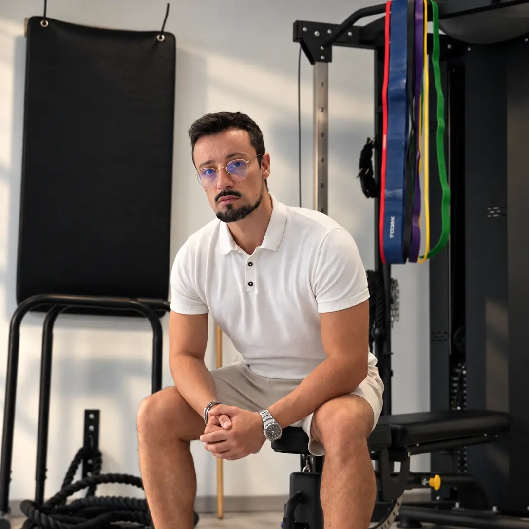 Luca Carloni seduto su una panca del suo studio a Legnano, sguardo in camera