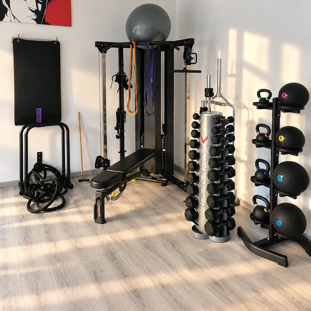 Angolo funzionale dello studio: functional trainer, torre di manubri e palle mediche